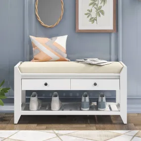 39" Entryway White Storage Bench Shoe Rack with Cushioned Seat and 2 Drawers