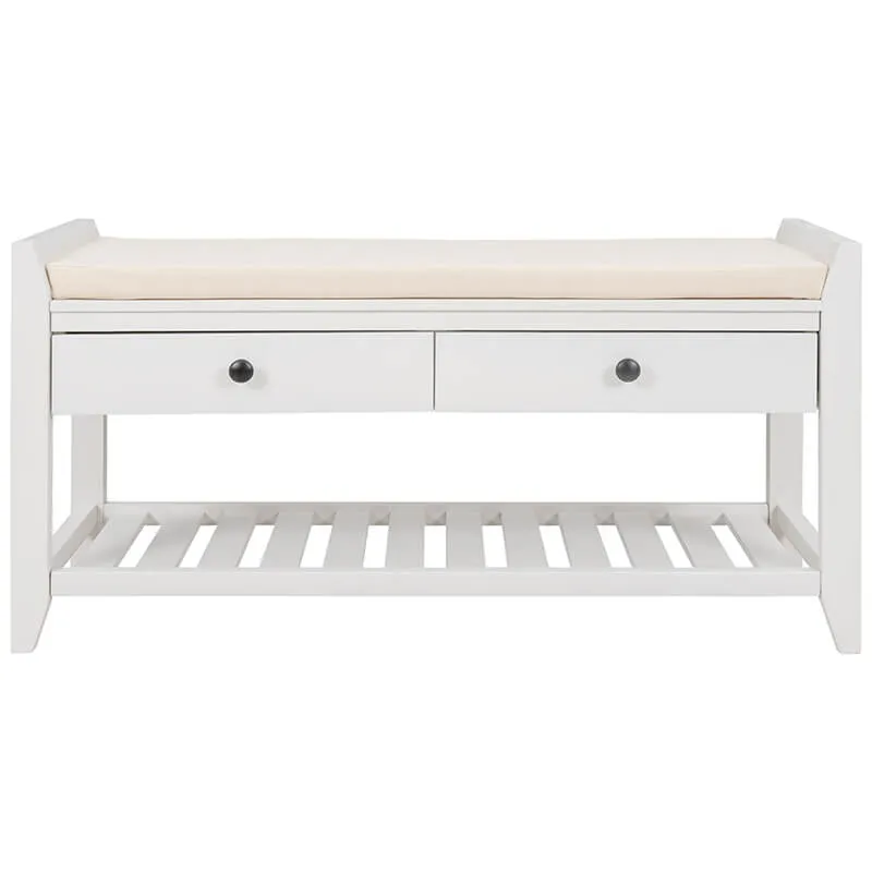 39" Entryway White Storage Bench Shoe Rack with Cushioned Seat and 2 Drawers