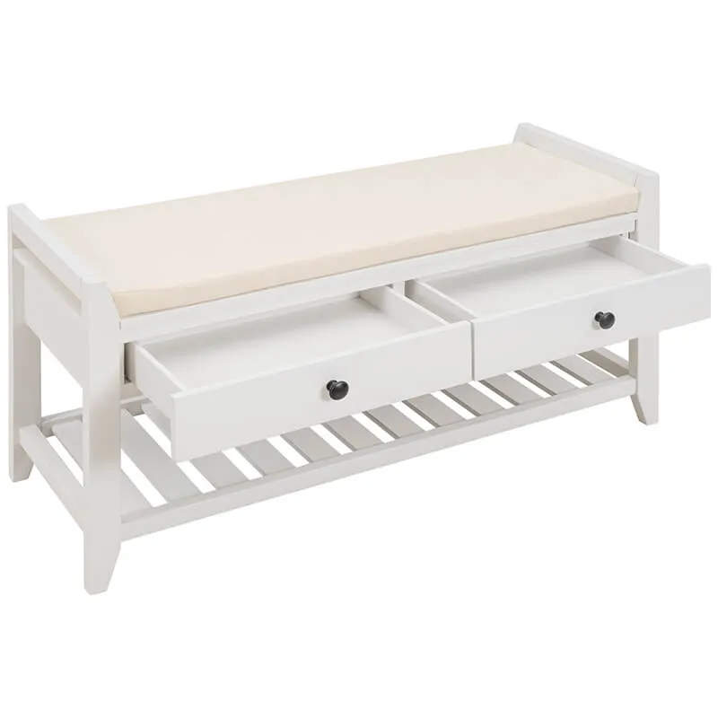 39" Entryway White Storage Bench Shoe Rack with Cushioned Seat and 2 Drawers