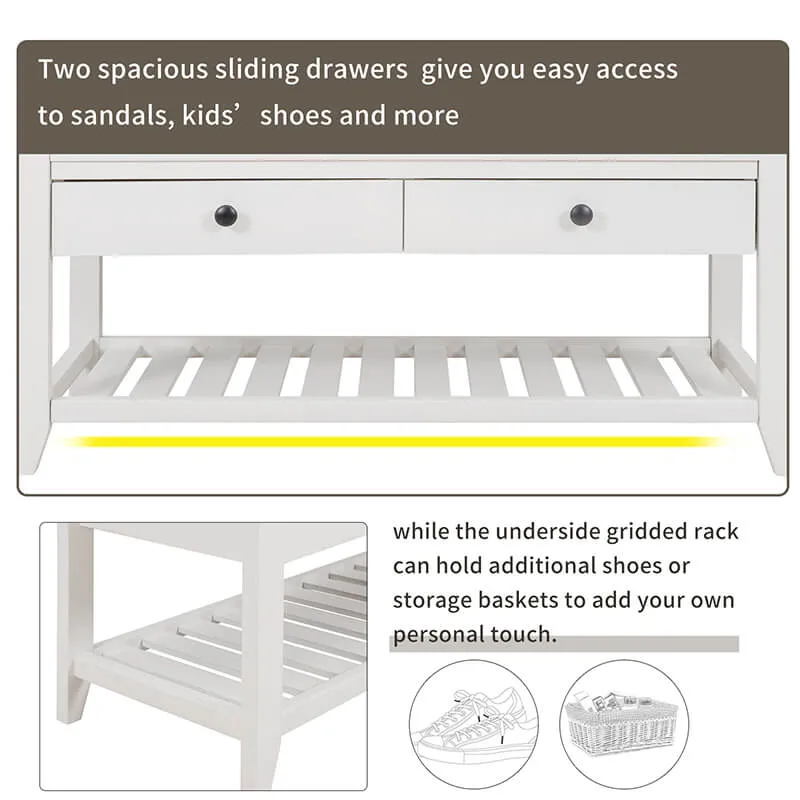 39" Entryway White Storage Bench Shoe Rack with Cushioned Seat and 2 Drawers