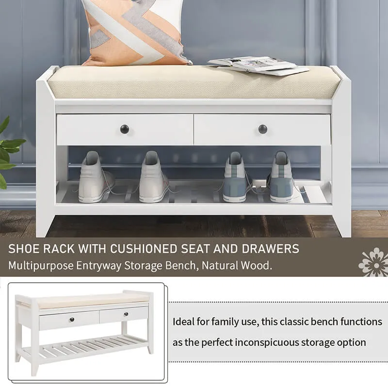 39" Entryway White Storage Bench Shoe Rack with Cushioned Seat and 2 Drawers