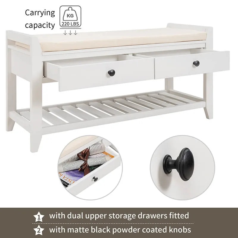 39" Entryway White Storage Bench Shoe Rack with Cushioned Seat and 2 Drawers