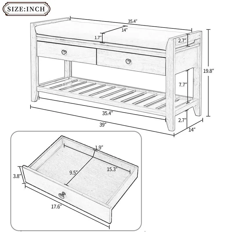 39" Entryway White Storage Bench Shoe Rack with Cushioned Seat and 2 Drawers