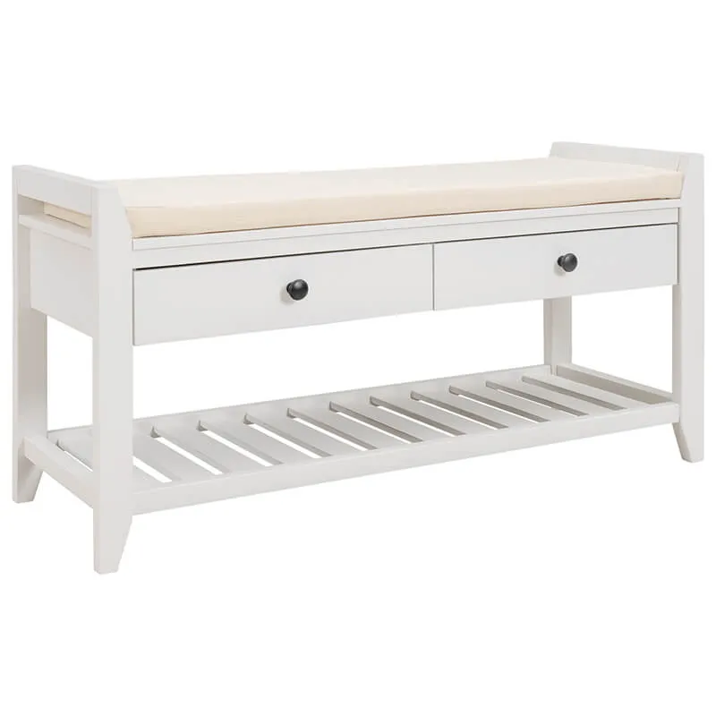 39" Entryway White Storage Bench Shoe Rack with Cushioned Seat and 2 Drawers