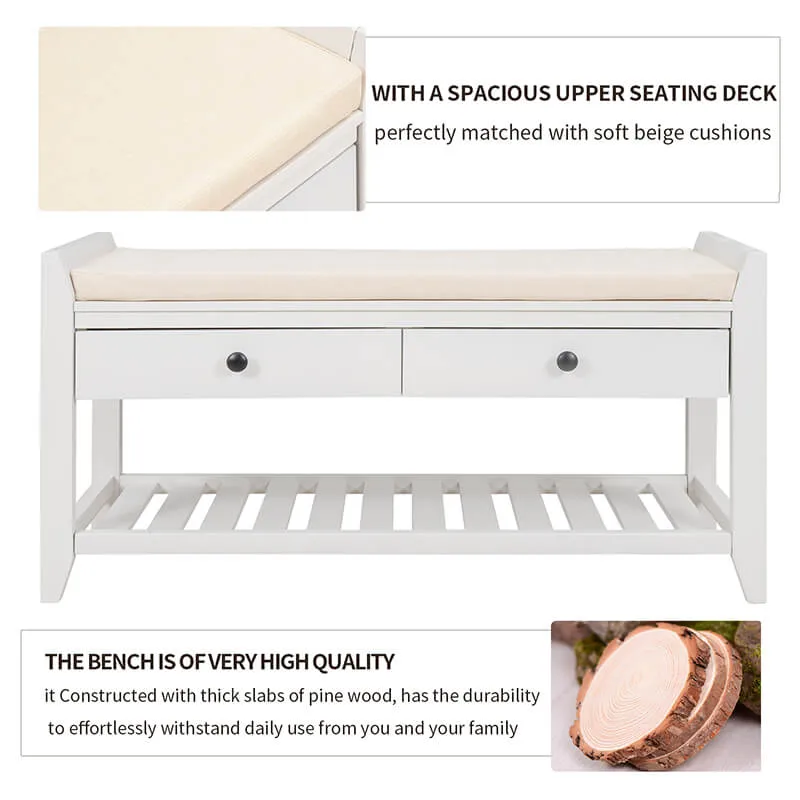 39" Entryway White Storage Bench Shoe Rack with Cushioned Seat and 2 Drawers