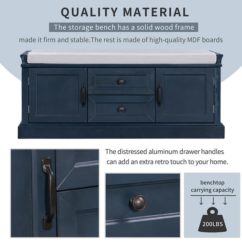 42.5" Antique Navy Blue Cushion Shoe Storage Bench with 2 Drawers & 2 Cabinets