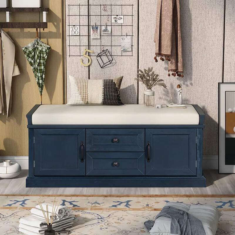 42.5" Antique Navy Blue Cushion Shoe Storage Bench with 2 Drawers & 2 Cabinets