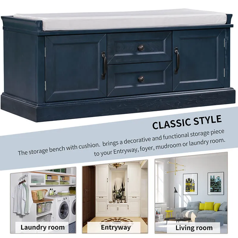 42.5" Antique Navy Blue Cushion Shoe Storage Bench with 2 Drawers & 2 Cabinets