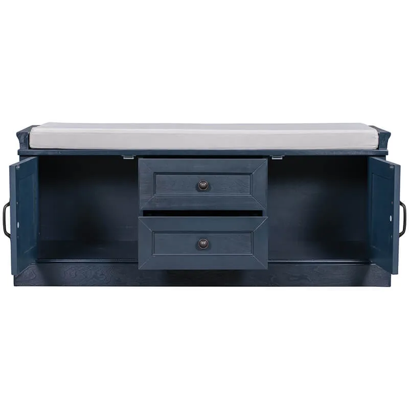42.5" Antique Navy Blue Cushion Shoe Storage Bench with 2 Drawers & 2 Cabinets