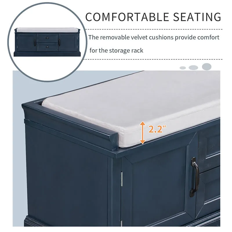 42.5" Antique Navy Blue Cushion Shoe Storage Bench with 2 Drawers & 2 Cabinets