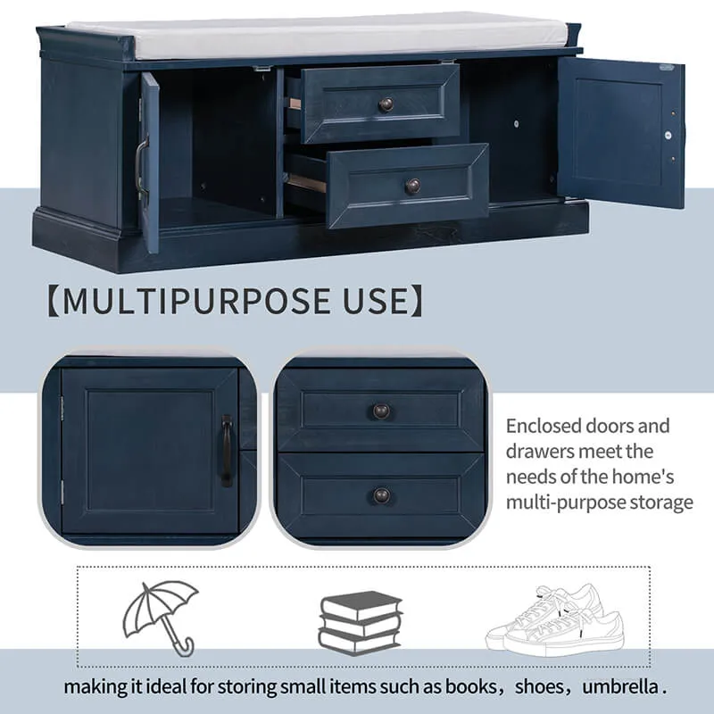 42.5" Antique Navy Blue Cushion Shoe Storage Bench with 2 Drawers & 2 Cabinets