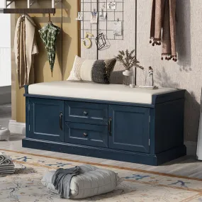 42.5" Antique Navy Blue Cushion Shoe Storage Bench with 2 Drawers & 2 Cabinets