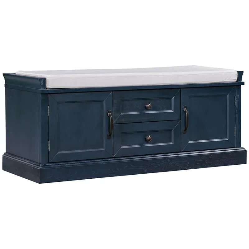 42.5" Antique Navy Blue Cushion Shoe Storage Bench with 2 Drawers & 2 Cabinets
