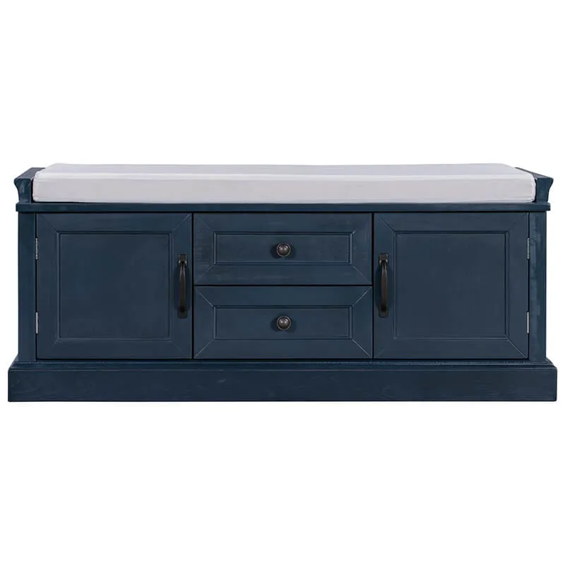 42.5" Antique Navy Blue Cushion Shoe Storage Bench with 2 Drawers & 2 Cabinets
