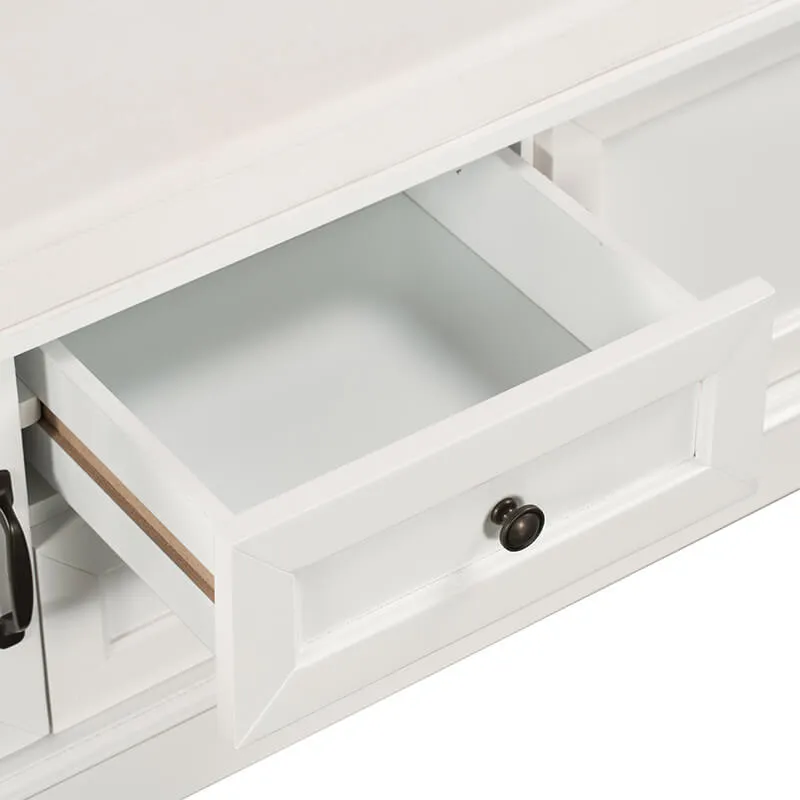 42.5" White Removable Cushion Wooden Shoe Storage Bench with 2 Drawers & 2 Cabinets