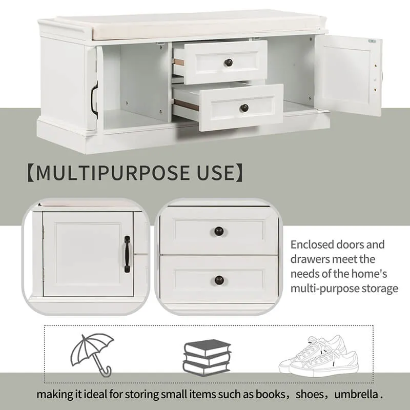 42.5" White Removable Cushion Wooden Shoe Storage Bench with 2 Drawers & 2 Cabinets
