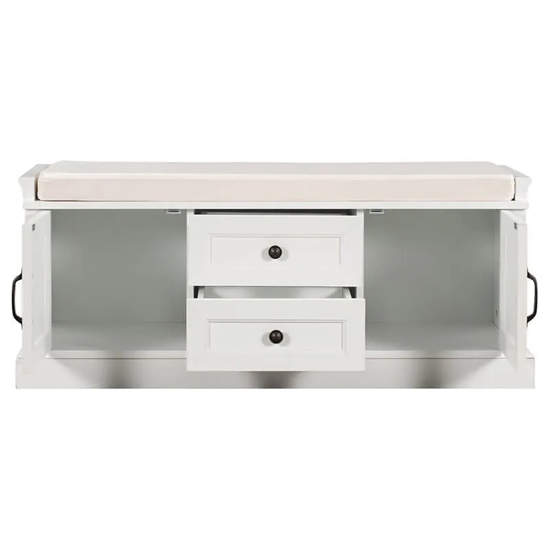 42.5" White Removable Cushion Wooden Shoe Storage Bench with 2 Drawers & 2 Cabinets