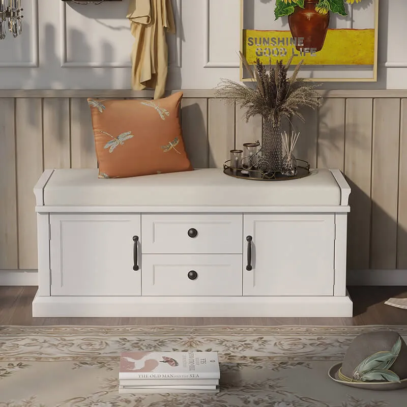 42.5" White Removable Cushion Wooden Shoe Storage Bench with 2 Drawers & 2 Cabinets