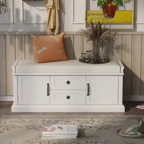 42.5" White Removable Cushion Wooden Shoe Storage Bench with 2 Drawers & 2 Cabinets