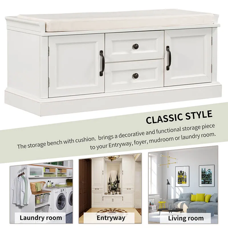 42.5" White Removable Cushion Wooden Shoe Storage Bench with 2 Drawers & 2 Cabinets