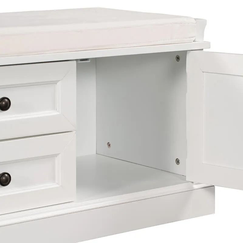 42.5" White Removable Cushion Wooden Shoe Storage Bench with 2 Drawers & 2 Cabinets