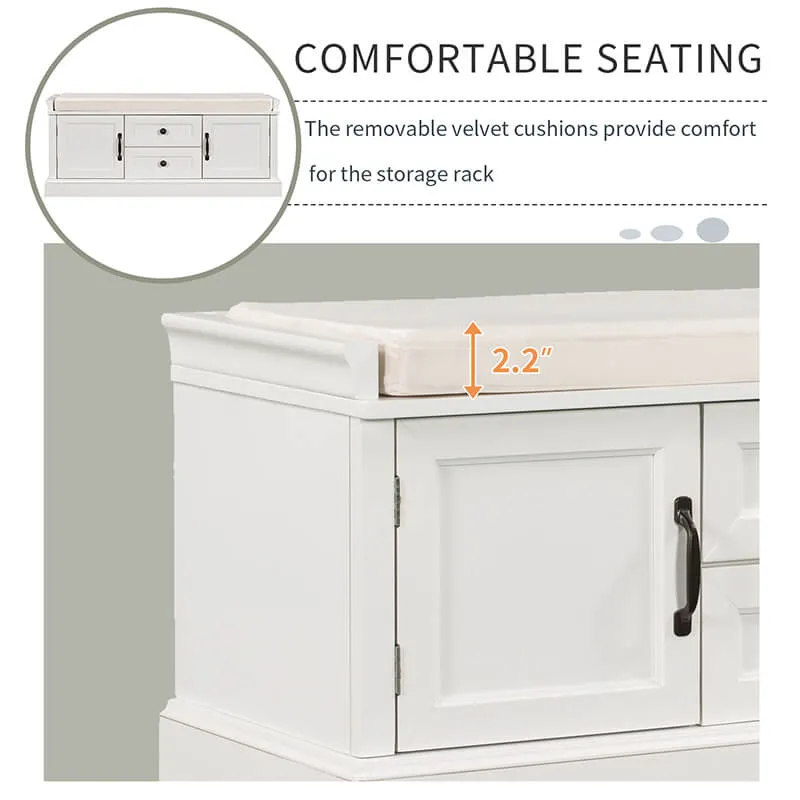 42.5" White Removable Cushion Wooden Shoe Storage Bench with 2 Drawers & 2 Cabinets