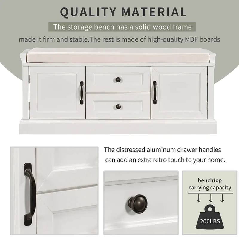 42.5" White Removable Cushion Wooden Shoe Storage Bench with 2 Drawers & 2 Cabinets