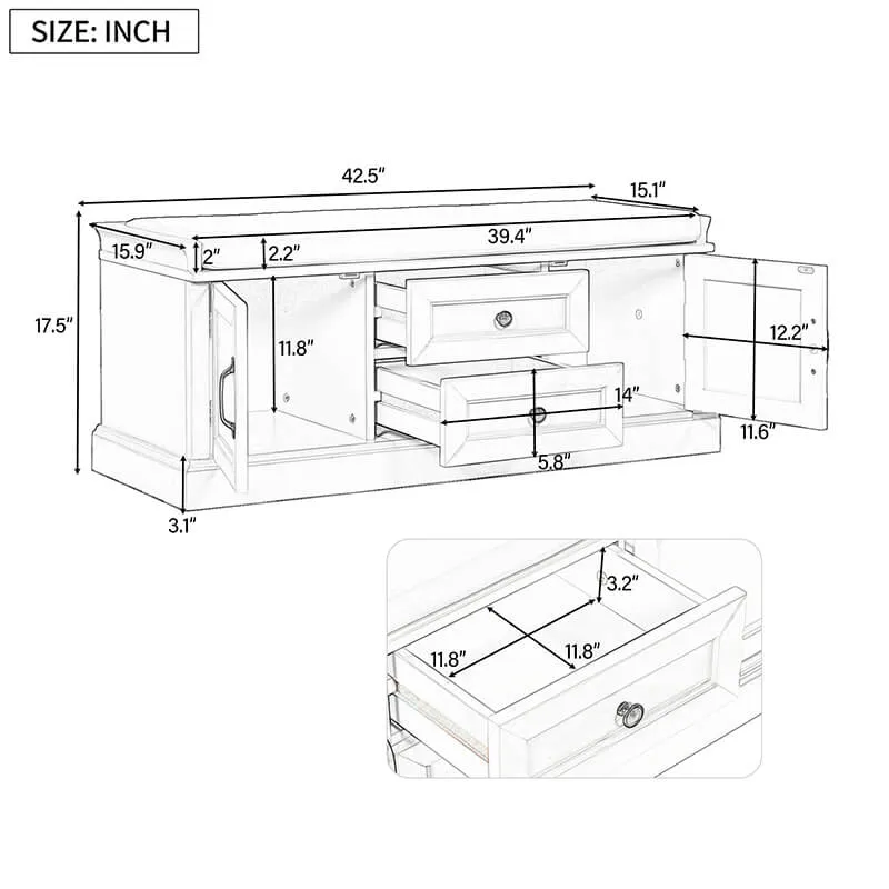 42.5" White Removable Cushion Wooden Shoe Storage Bench with 2 Drawers & 2 Cabinets