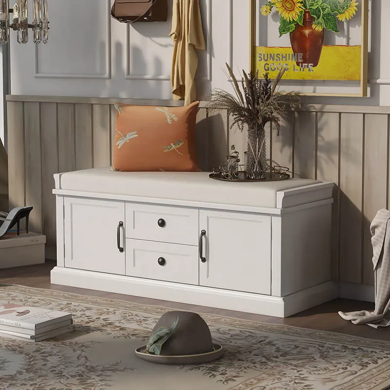42.5" White Removable Cushion Wooden Shoe Storage Bench with 2 Drawers & 2 Cabinets