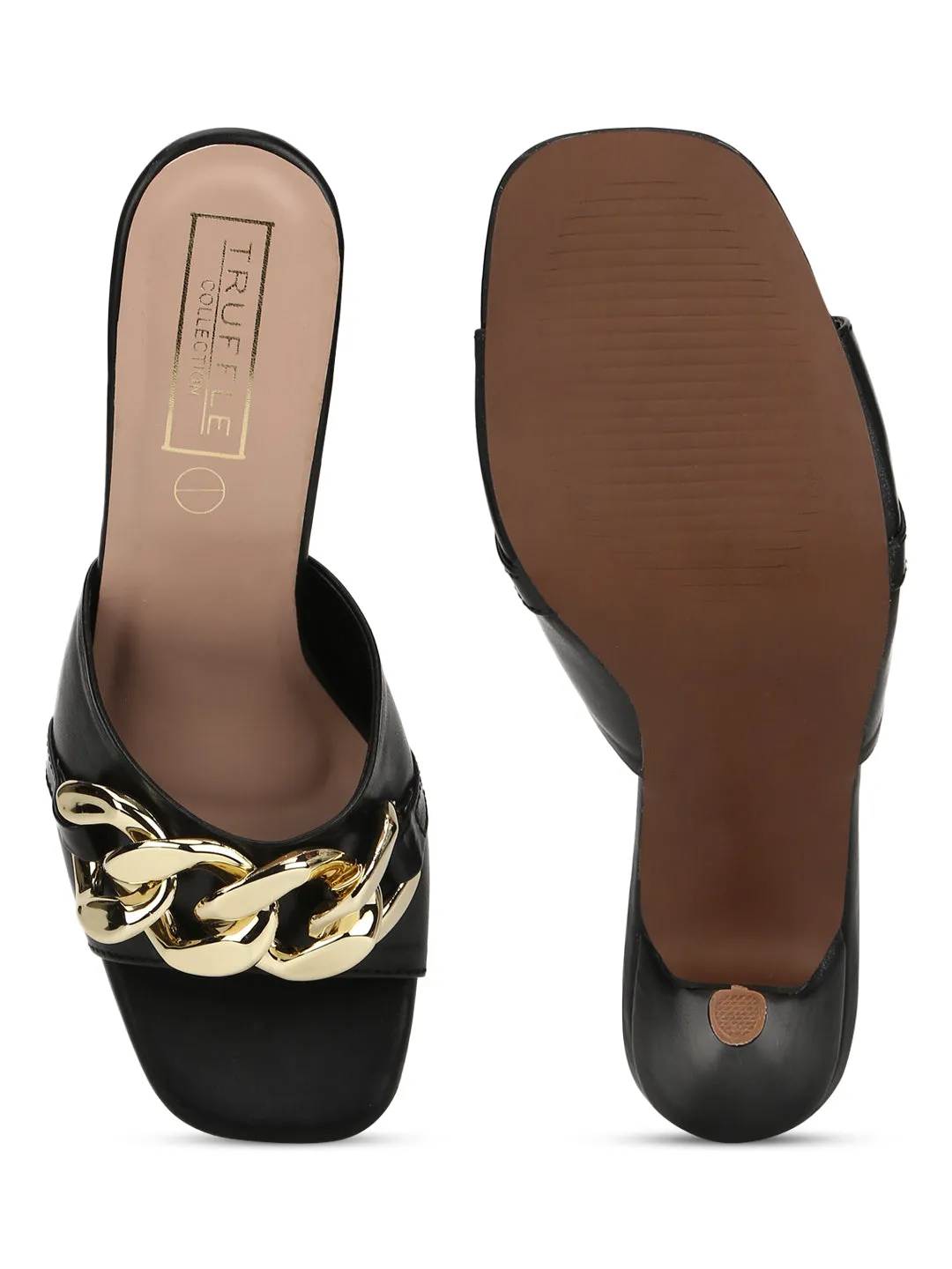 Black PU Gold Chained Stiletto Mules