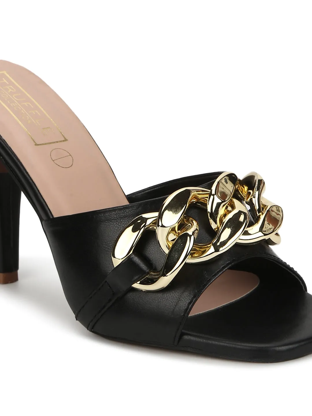 Black PU Gold Chained Stiletto Mules