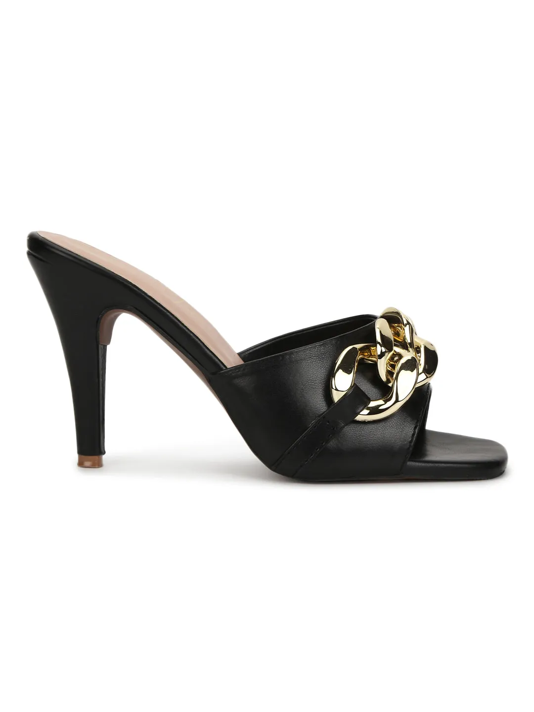 Black PU Gold Chained Stiletto Mules