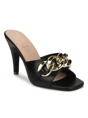 Black PU Gold Chained Stiletto Mules