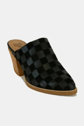 Black Woven Vegan Leather Block Heel Mules