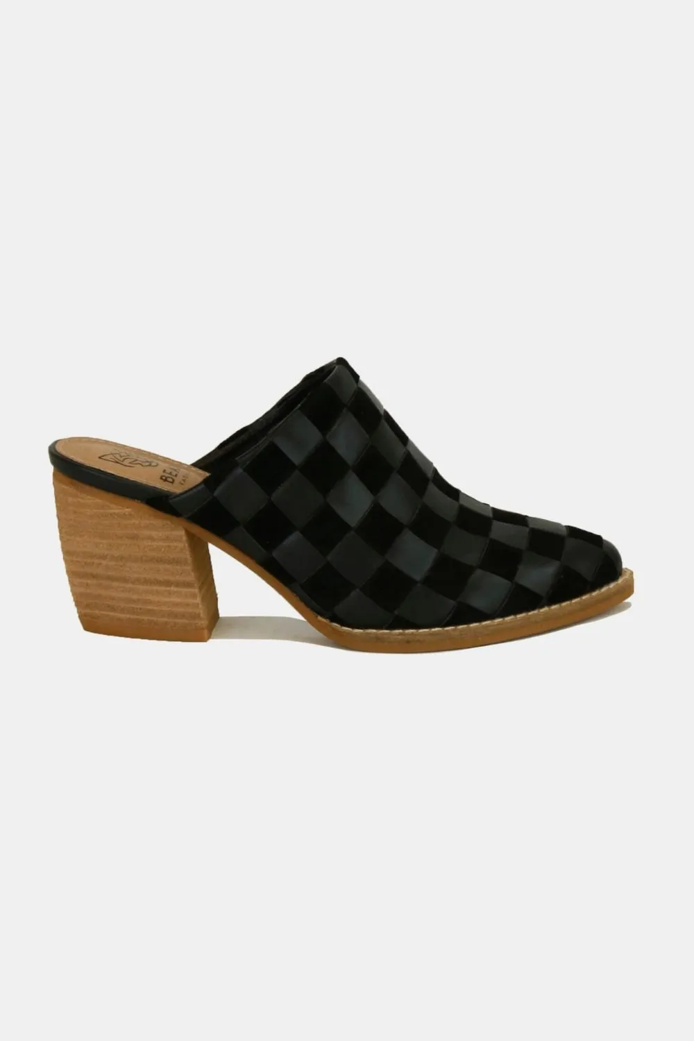 Black Woven Vegan Leather Block Heel Mules