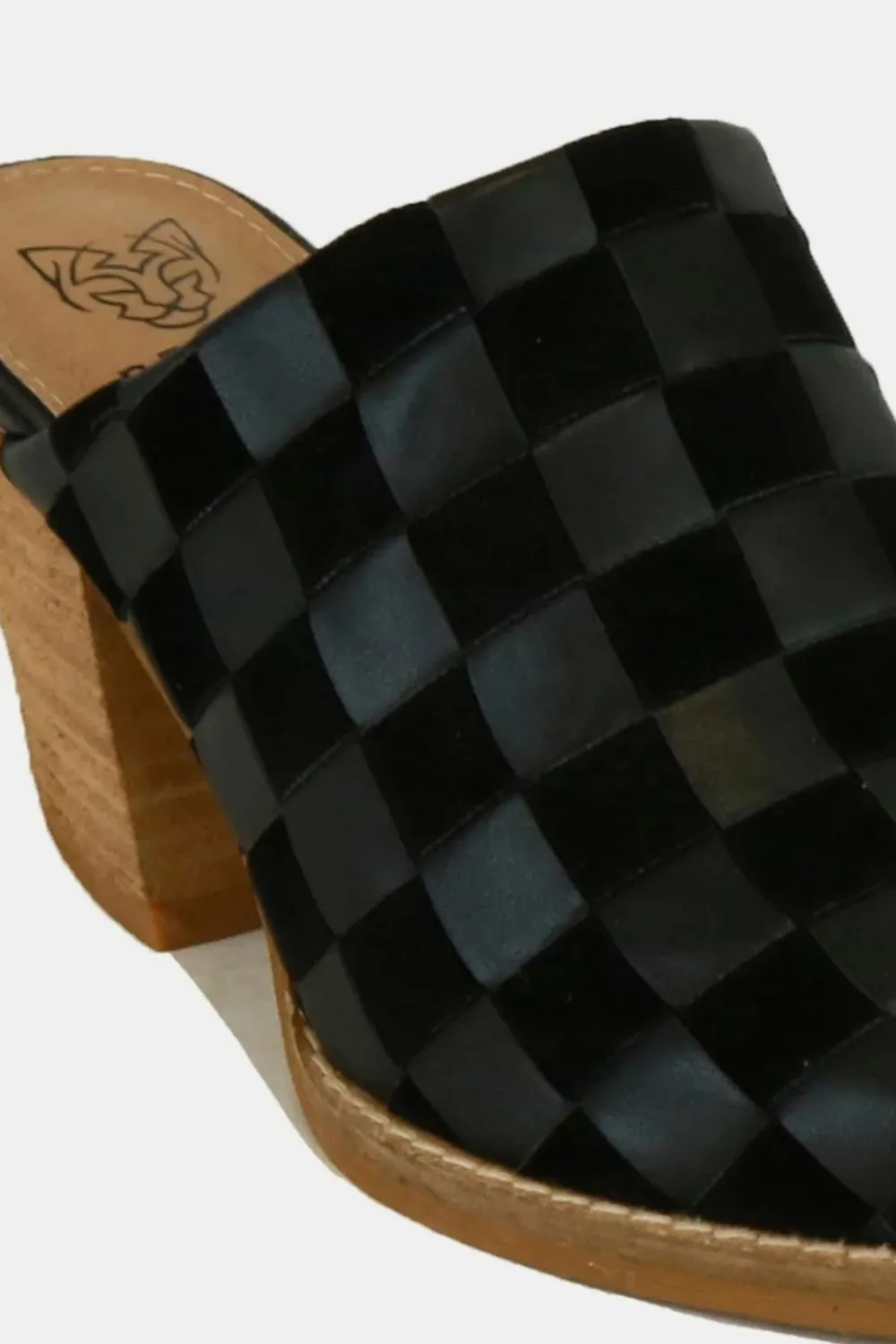 Black Woven Vegan Leather Block Heel Mules