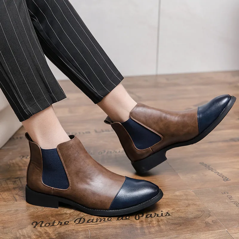 Boots for Men Elastic Sided Two Tone Cowhide Leather Non Slip Waterproof Slip   ST14181