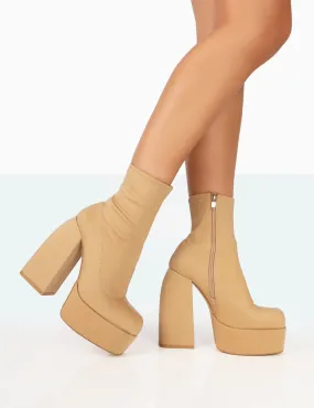 Charlie Taupe Nylon Platform Rounded Toe Block Heeled Ankle Boots