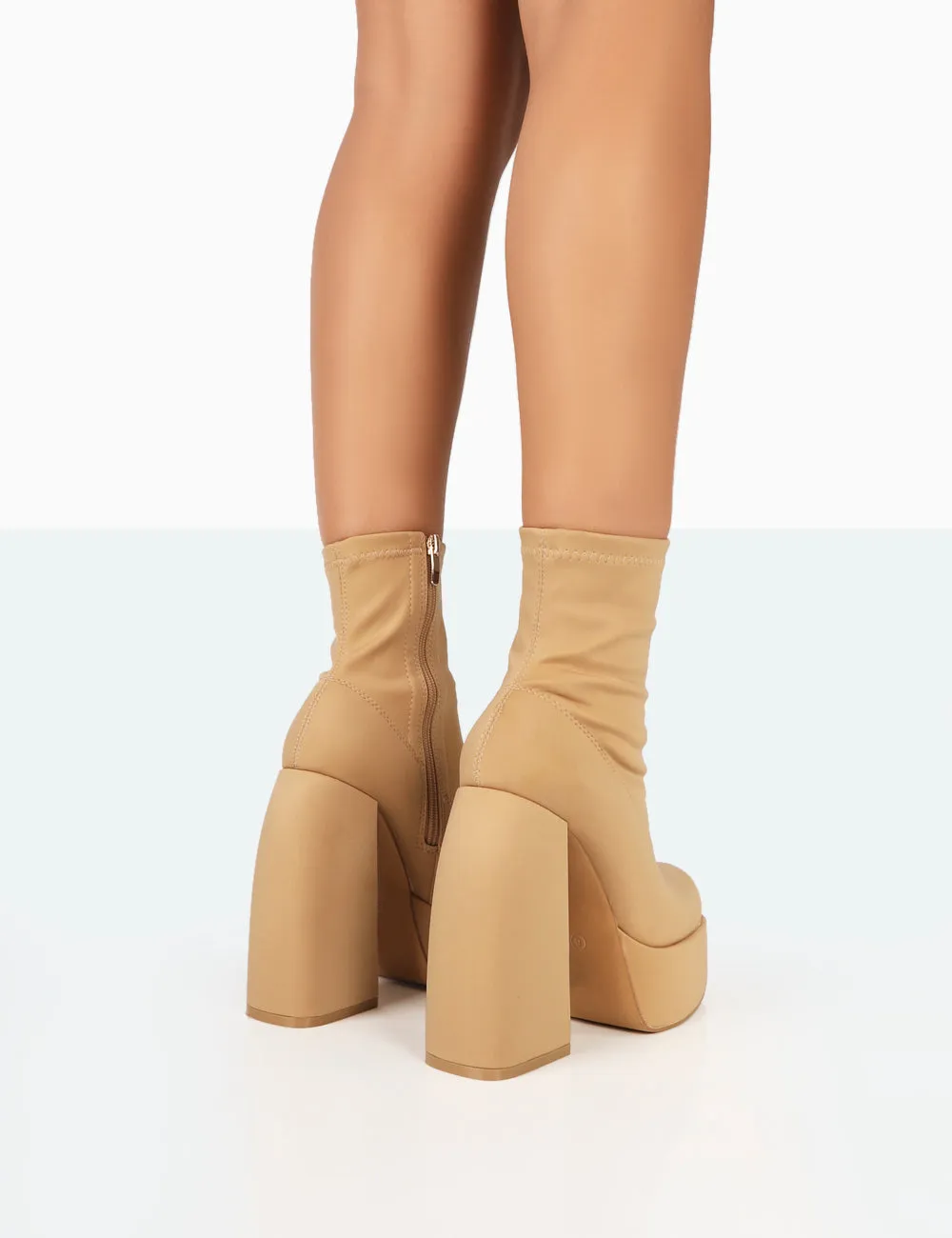 Charlie Taupe Nylon Platform Rounded Toe Block Heeled Ankle Boots
