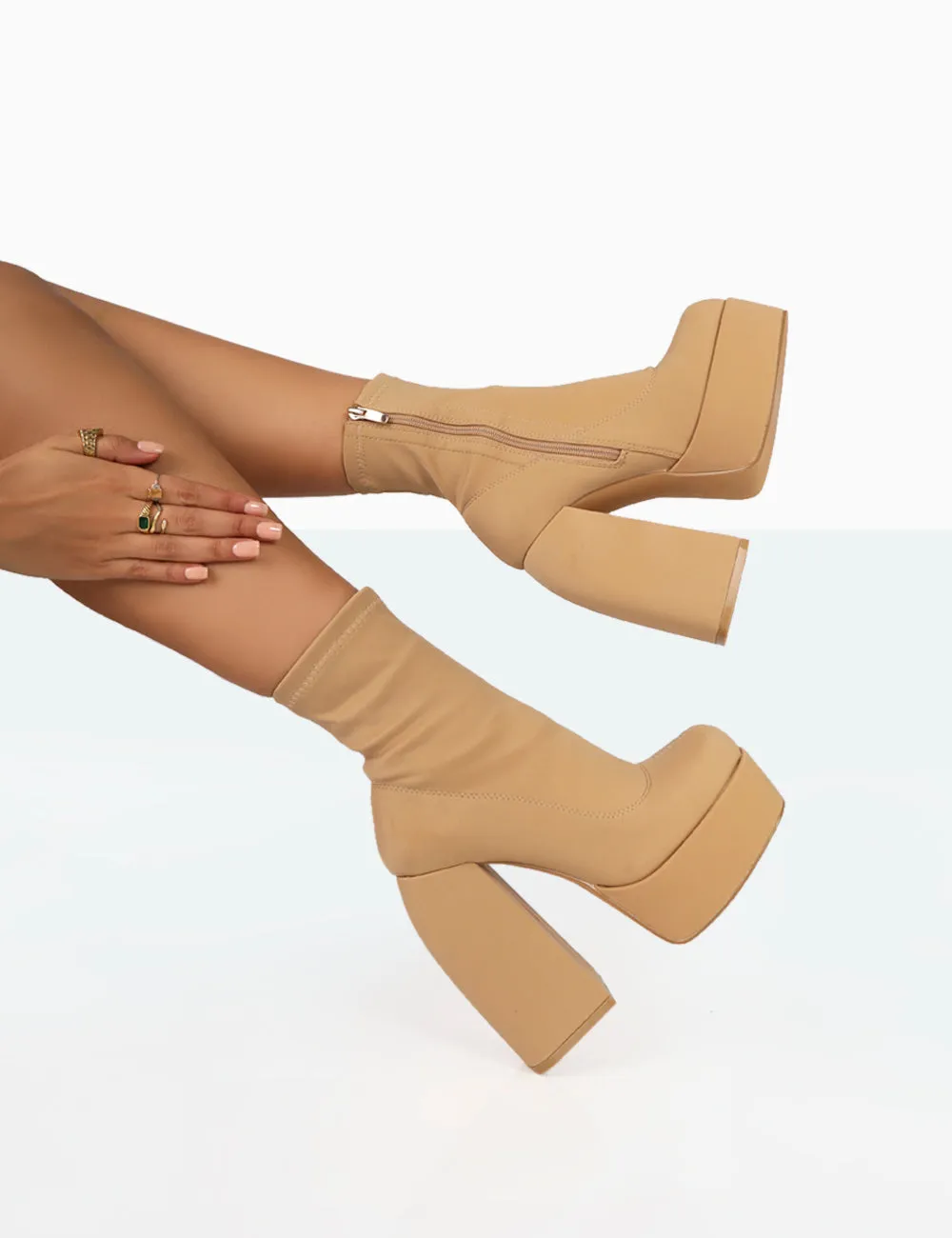 Charlie Taupe Nylon Platform Rounded Toe Block Heeled Ankle Boots