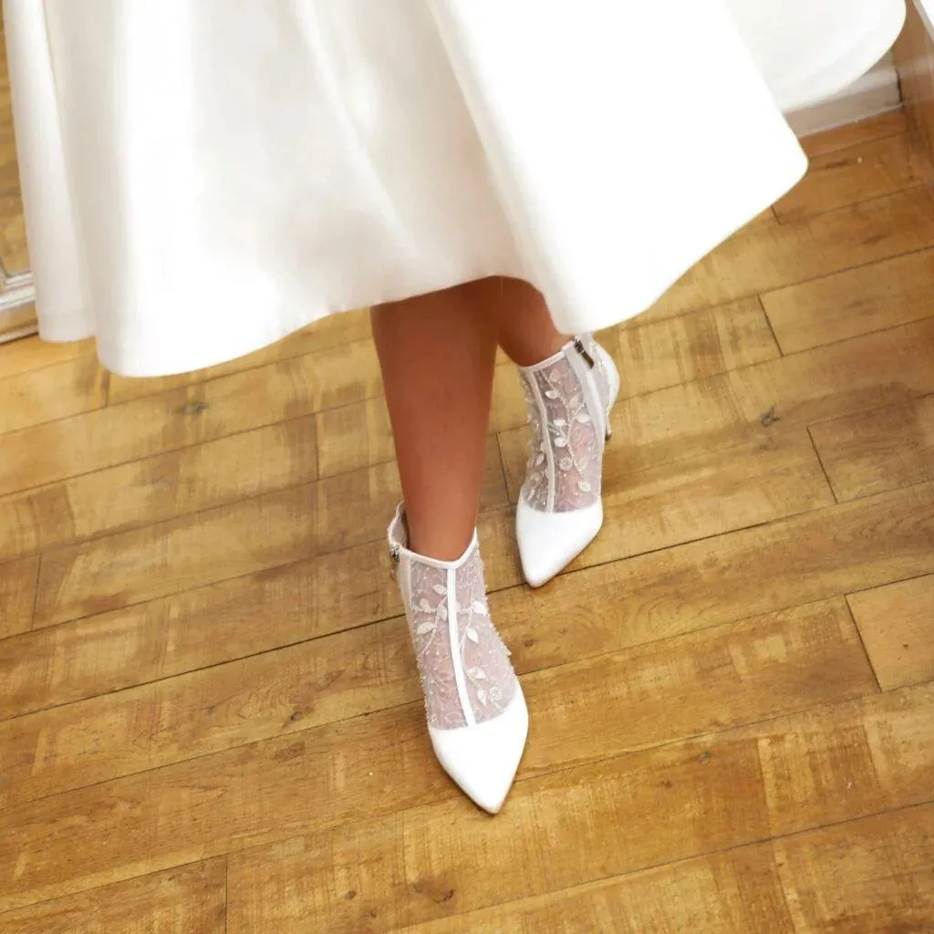 Ivory Satin Wedding Boot with Sequinned Lace By Perfect Bridal, IMOGEN