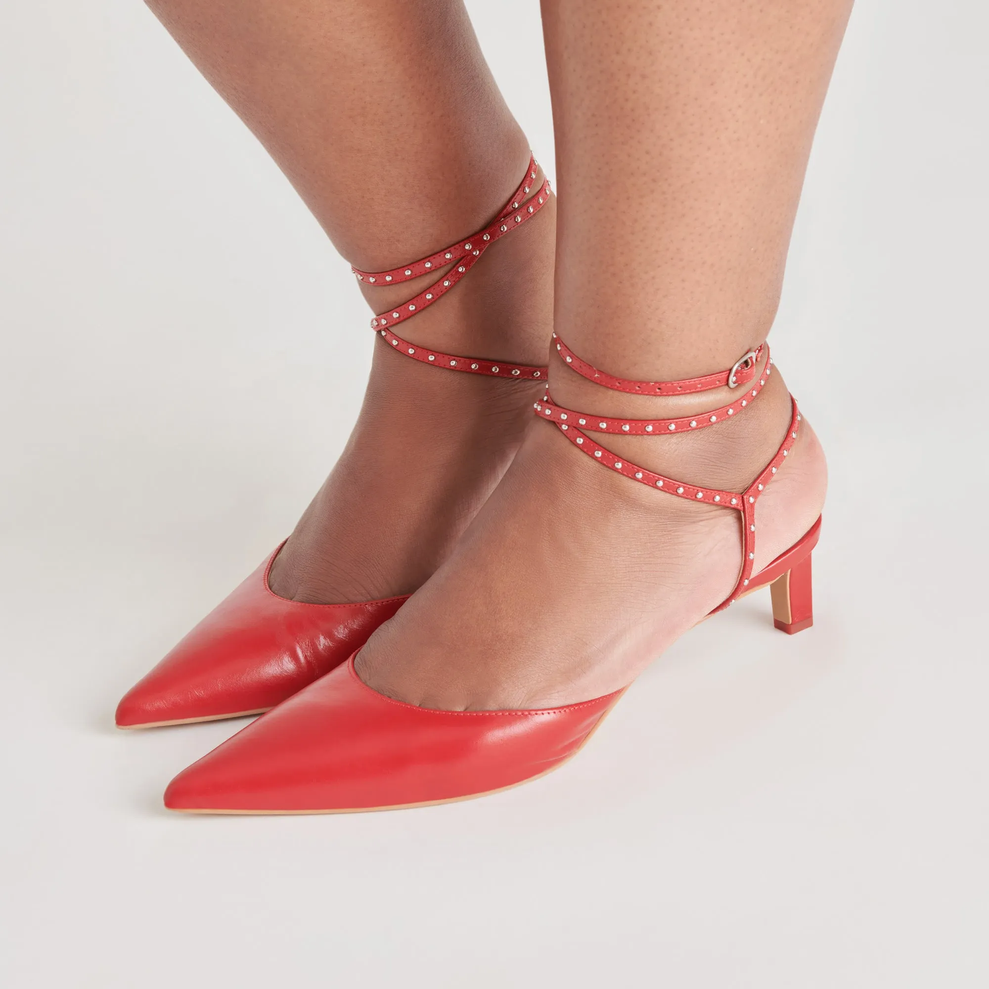 LOKLYN STUD HEELS RED CRINKLE PATENT