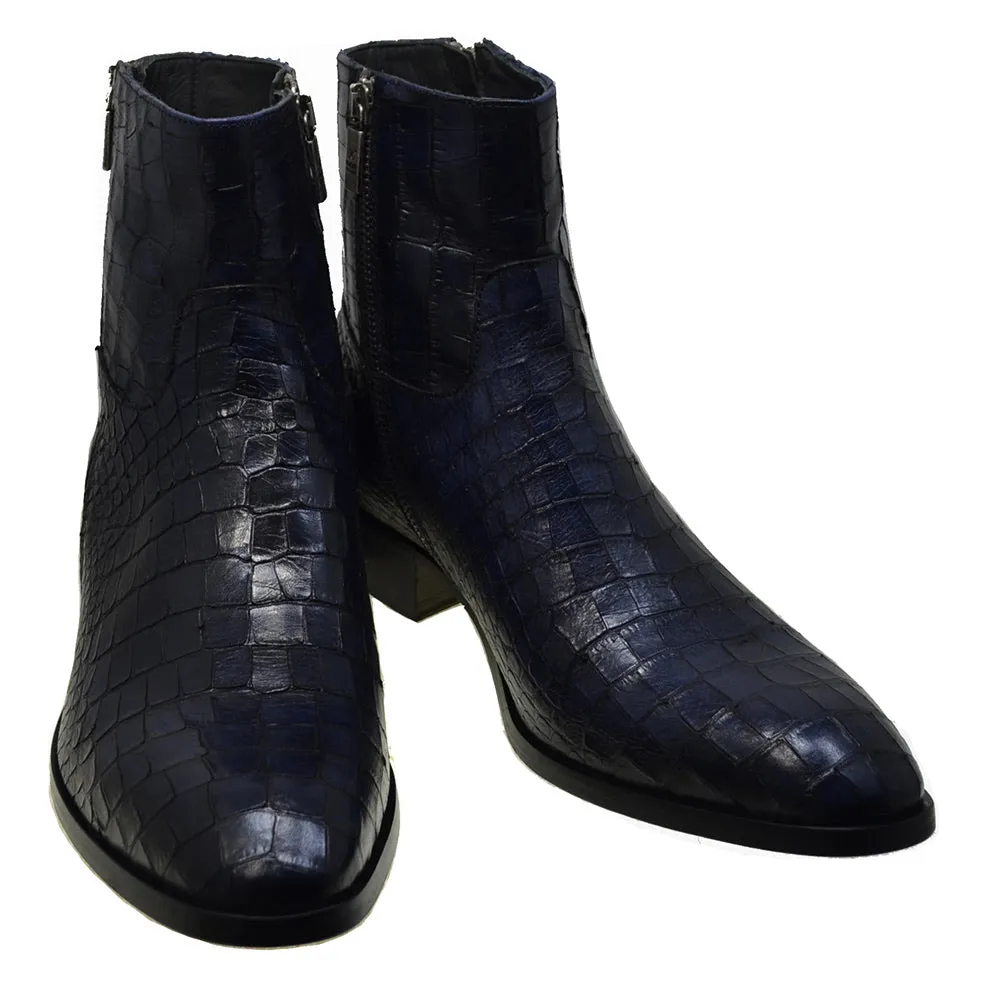 Men's Italian Shoes Jo Ghost 2039 Navy Blue Leather Print Crocodile Ankle Boots last pair size 40
