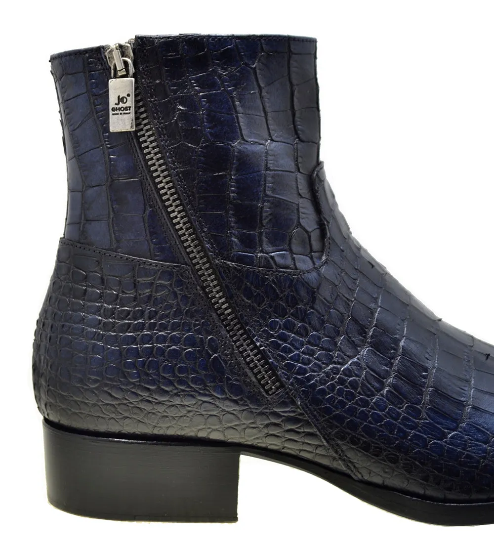 Men's Italian Shoes Jo Ghost 2039 Navy Blue Leather Print Crocodile Ankle Boots last pair size 40