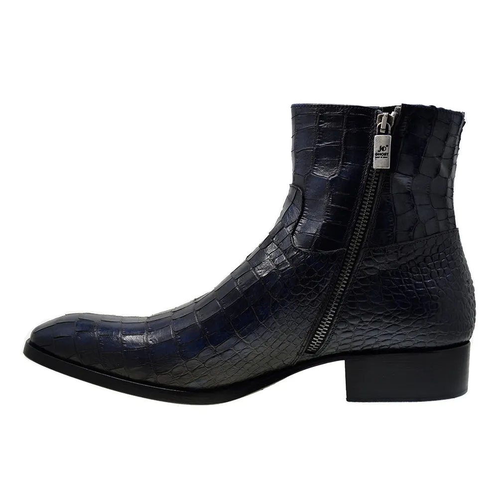 Men's Italian Shoes Jo Ghost 2039 Navy Blue Leather Print Crocodile Ankle Boots last pair size 40