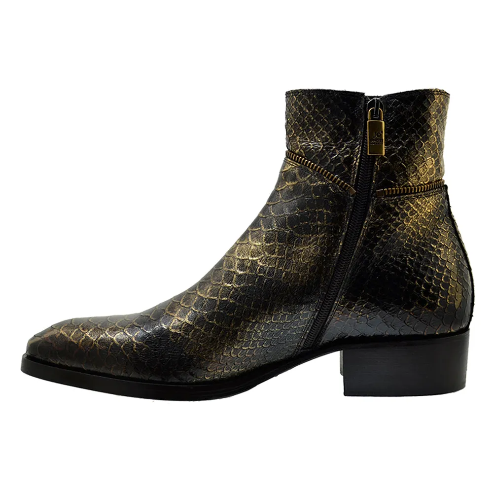 Men's Italian Shoes Jo Ghost 5228 Gold Print Python Leather Dress Boots