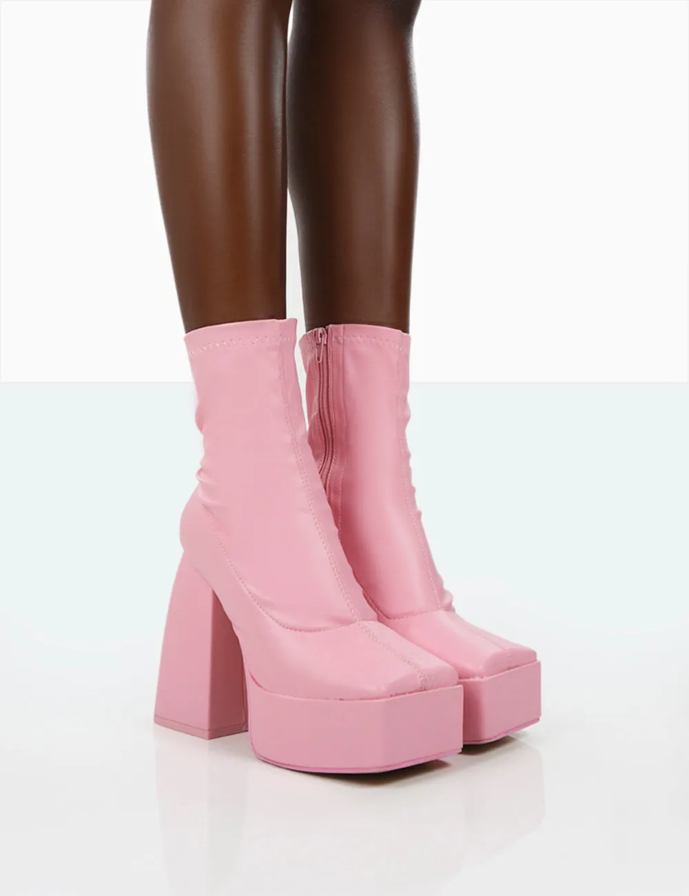 Own Thing Wide Fit Pink PU Chunky Square Toe Platform Heel Ankle Boots