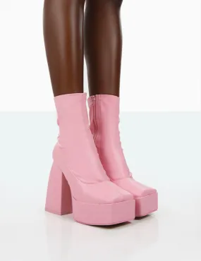 Own Thing Wide Fit Pink PU Chunky Square Toe Platform Heel Ankle Boots