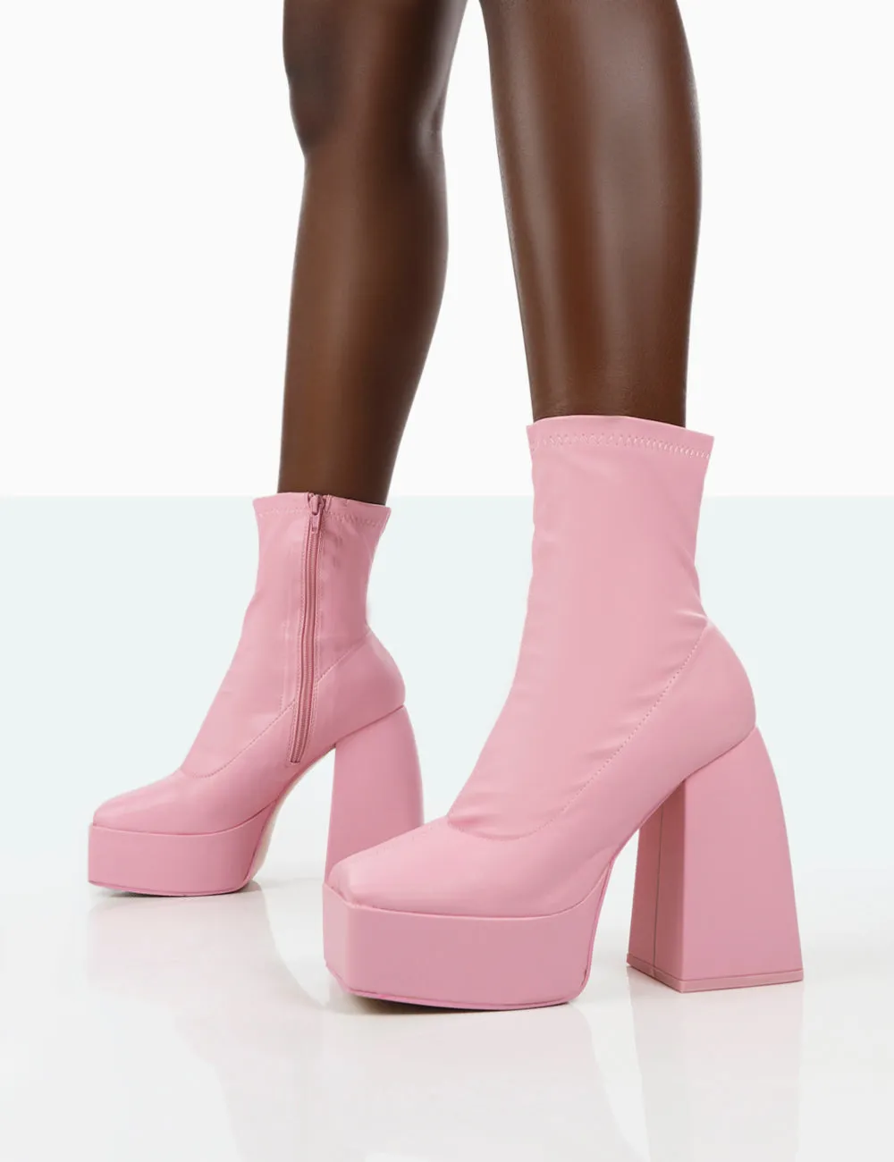 Own Thing Wide Fit Pink PU Chunky Square Toe Platform Heel Ankle Boots