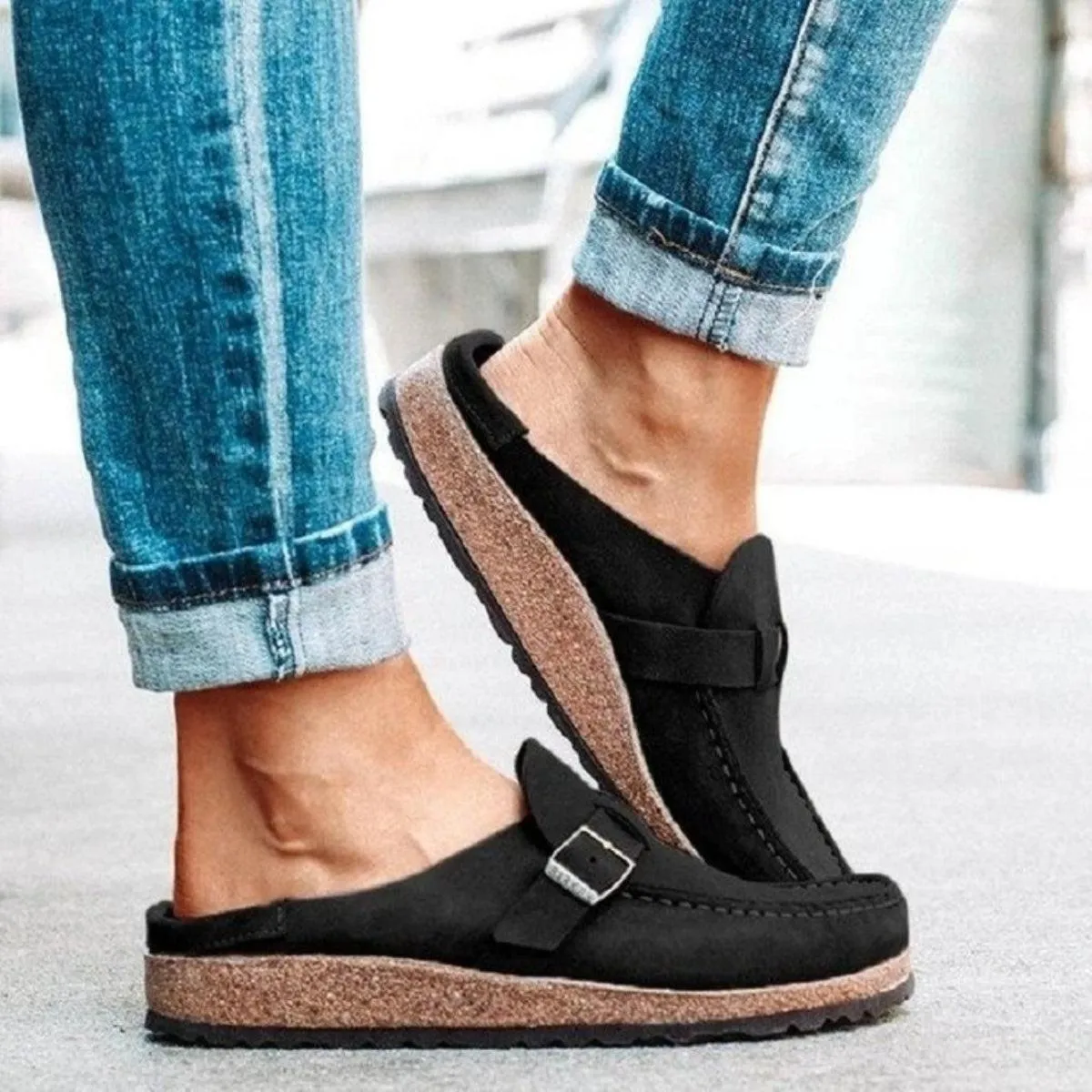 Retro Buckle Detail Open Back Mules Shoes